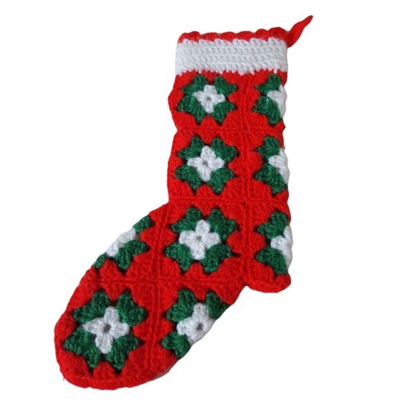 Vintage Granny Square Hand Made Crochet Christmas Stocking Red Green White - Picture 2 of 4